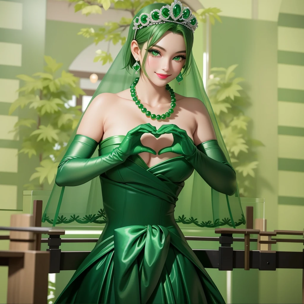 Emerald tiara, Green Pearl Necklace, ボーイッシュな非常に短いGreen Hair, Green Lips, Smiling Japanese woman, Very short hair, Busty beautiful lady, Green Eyes, Green satin long gloves, Green Eyes, Emerald Earrings, Green veil, Heart with both hands, Green Hair, Beautiful Japanese Women, Heart shaped hands:1.3, green lip gloss