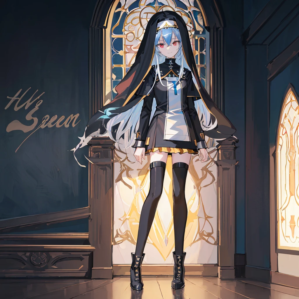 [(cathedral background:1.4)::5],Original,(Illustration:1.1),(Best Quality),(masutepiece:1.1),(the Extremely Detailed CG Unity 8K Wallpapers:1.1), (Colorful:0.9),(mid-shot:0.95),(Full body:1.5),Dynamic Angle,(Solo:1.2), (girl),(((Adult))), (Detailed beautiful eyes:1.15), (Beautiful face:1.15), (Glowing black eyes:1.25////),(Blue Long Hair),(nun headdress),(+perfect hand+:1.21),(Draw an illustration of a Holy Knight Wizard),(Religious),(slender),(she has boots on her feet),((I'm wearing black knee-high socks)),Smile,(Ruffled miniskirt with metal embellishments),beautiful slender adult,((theater background)),