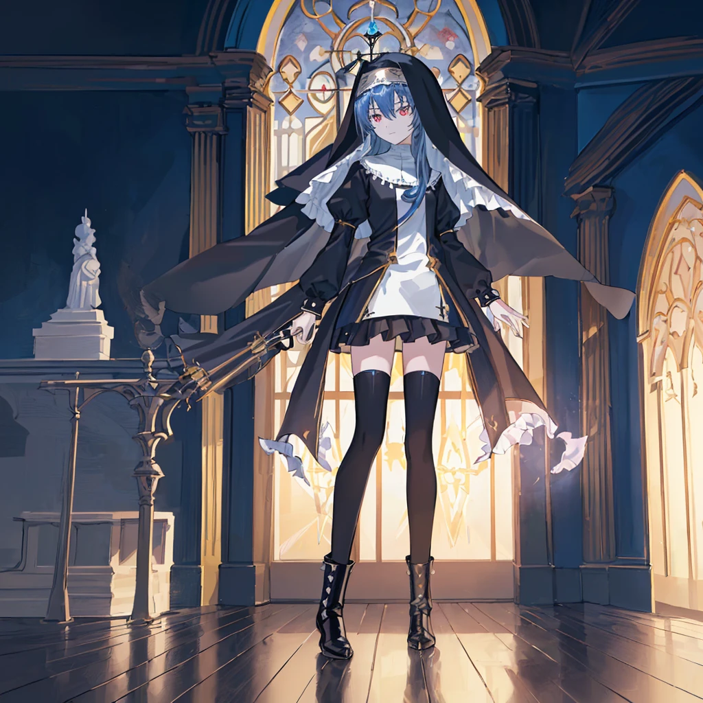[(cathedral background:1.4)::5],Original,(Illustration:1.1),(Best Quality),(masutepiece:1.1),(the Extremely Detailed CG Unity 8K Wallpapers:1.1), (Colorful:0.9),(mid-shot:0.95),(Full body:1.5),Dynamic Angle,(Solo:1.2), (girl),(((Adult))), (Detailed beautiful eyes:1.15), (Beautiful face:1.15), (Glowing black eyes:1.25////),(Blue Long Hair),(nun headdress),(+perfect hand+:1.21),(Draw an illustration of a Holy Knight Wizard),(Religious),(slender),(she has boots on her feet),((I'm wearing black knee-high socks)),Smile,(Ruffled miniskirt with metal embellishments),beautiful slender adult,((theater background)),