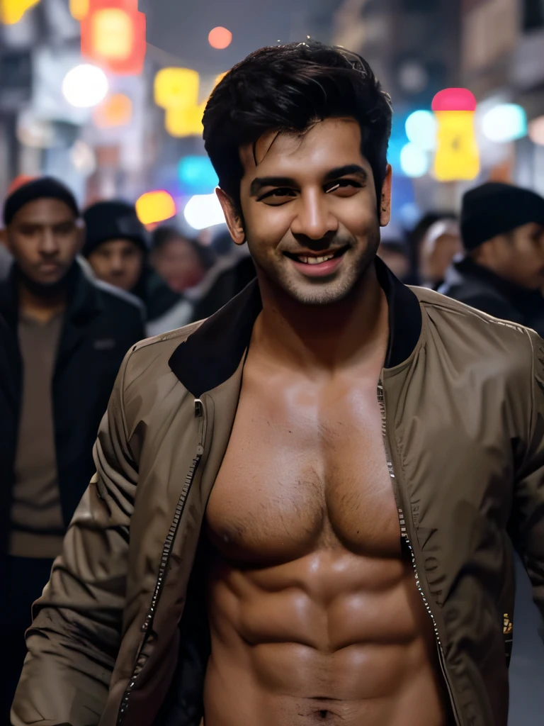 Hritik roshan goes shirtless in front of crowded people on a City Street.his nipple touched by the Guy. He gigles. He laugh. The wind blow the coat. He just wear the bomber Jacket with no Shirt inside. (winter)