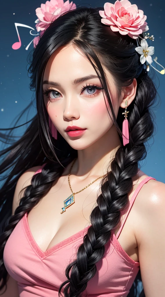 eye reflection, musical note black hair ornament, braided long hair, UHD, blue retina, pink lips, masterpiece, accurate, anatomically correct, textured skin, super details, high details, high quality, best quality, highres, 1080P, HD, 4K, 8k, 16k.