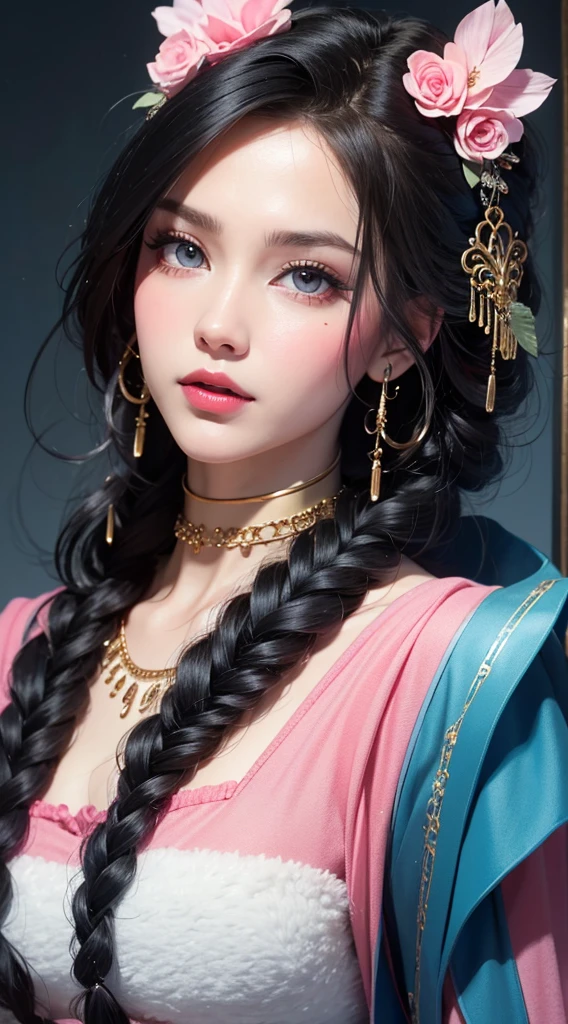 eye reflection, musical note black hair ornament, braided long hair, UHD, blue retina, pink lips, masterpiece, accurate, anatomically correct, textured skin, super details, high details, high quality, best quality, highres, 1080P, HD, 4K, 8k, 16k.