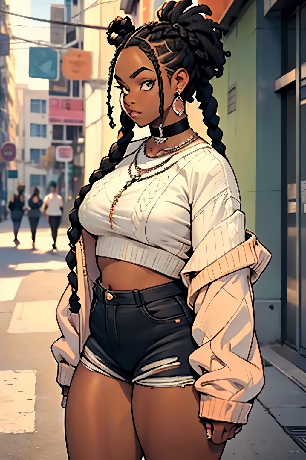 punk afro chubby girl with long freeform braided pastel orange locs hairstyle and hairy legs)) (wearing cropped off-white sweater and black jeans shorts), plump thighs and soft big jiggly butt, (wearing diamond choker necklace), plump legs,
