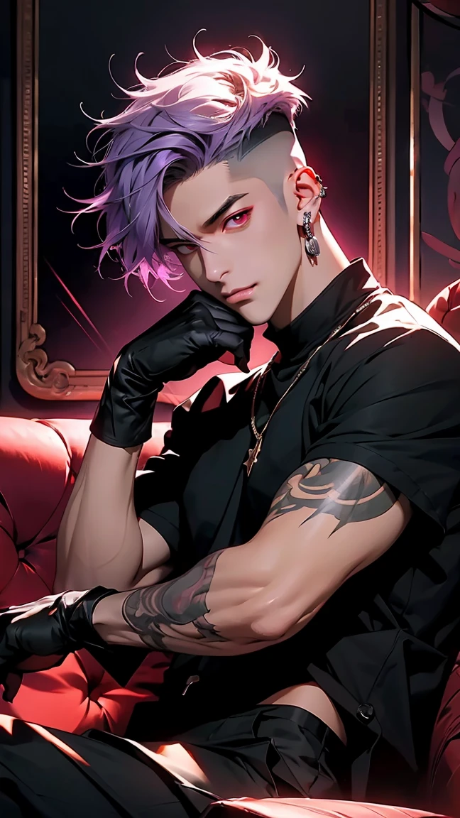 highest quality, 8K, high resolution image, anime style Jujutsu Kaisen, (Cell of Empireo/Seodoa Riddle), detailed strokes, bored look , blurred, purple light reflecting from it, 1 man, young, male, model, hand in pocket, cool guy, multicolored Background with various geometric shapes, around stickers, muscular, light purple hair, spiky hair ,swollen chest, RED EYES, a black modern suit, black gloves, golden earrings, elegant shoes Background: Room, living room, sofa,