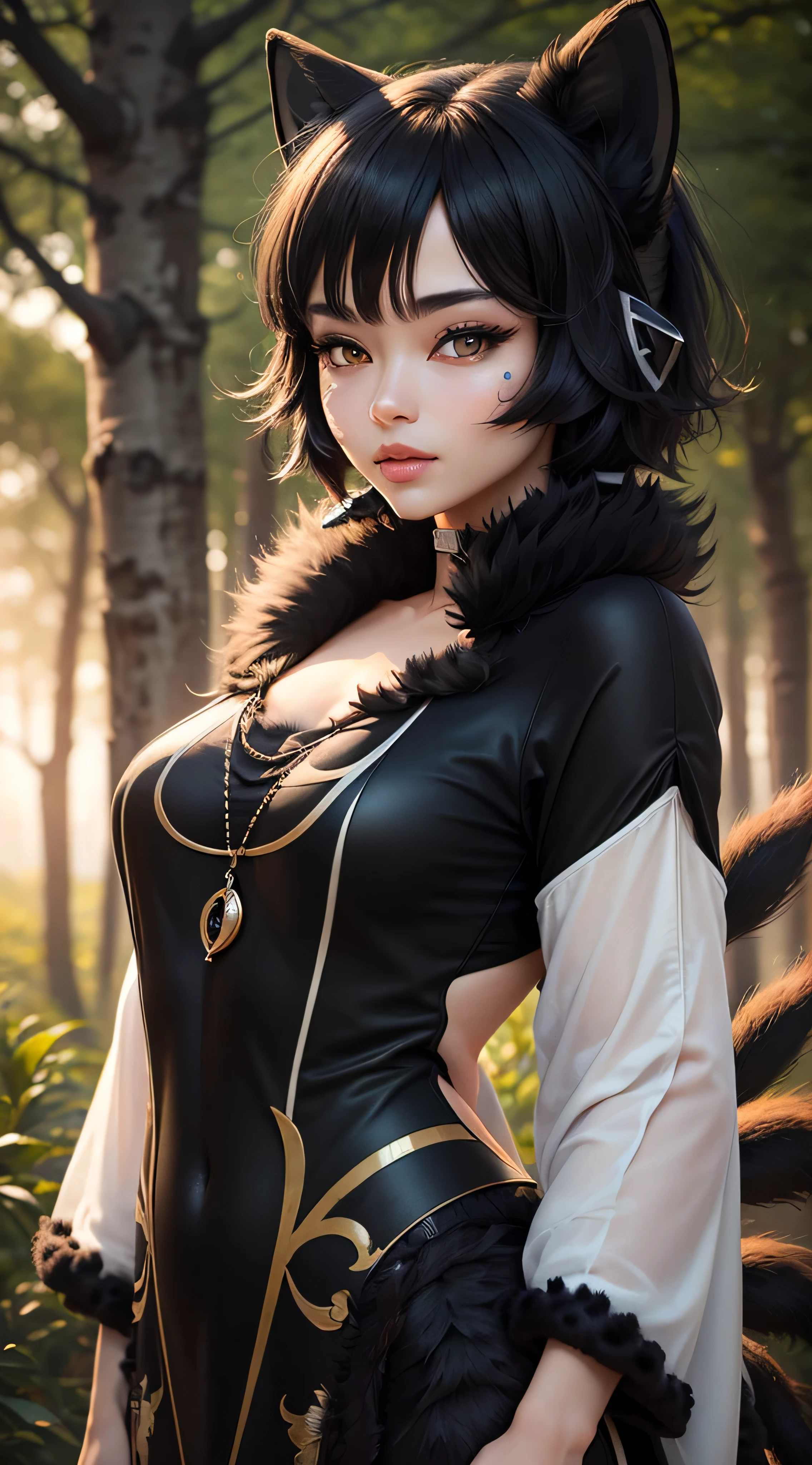 a realistic fox-girl with black hair and nine tails, (nine tails with black fur:2.0) , nine tails, beautiful face, high cheekbones, green eyes, (very detailed sinto clothes:2.0) , inspired by Sugimura Jihei, delicate and fine, (tentacles:fox tails:0.5), white form, inspired by Sōami, jormungand, mystical creatures, realistic, ultra detailed, sunrise lighting, detailed forest background