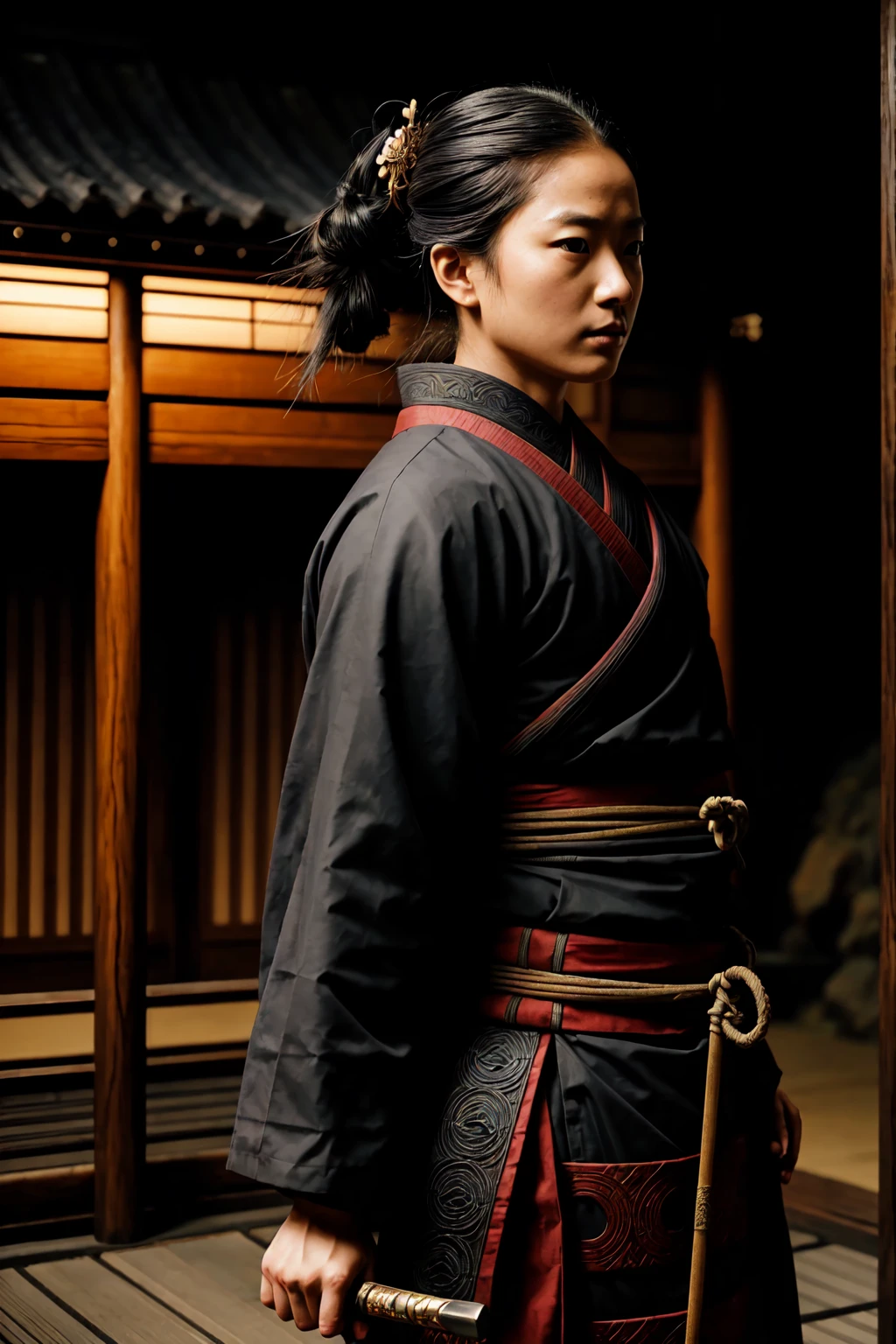 a black samurai warrior in feudal japan, intricate armor and weaponry, stunning realistic portrait, (best quality,4k,8k,highres,masterpiece:1.2),ultra-detailed,(realistic,photorealistic,photo-realistic:1.37),cinematic lighting,dramatic contrast,chiaroscuro,dark moody atmosphere,samurai sword,katana,cherry blossom,japanese castle,feudal japan,period drama,historical fiction.
