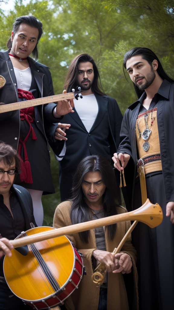 Werewolf music band,Four men with musical equipment,bass drum guitar 