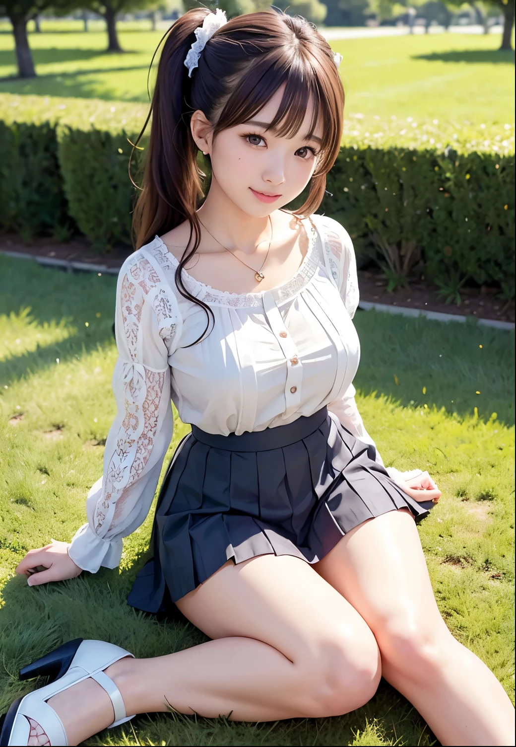 (Highest quality,masterpiece:1.3,Ultra-high resolution),(Very detailed、Caustics) (Realistic:1.4, RAW shooting、)Ultra-Realistic Capture、Very detailed、Natural skin texture、masterpiece、(Japanese girl wearing a lace blouse and pleated skirt:1.3)、Adorable expression、Expressions of happiness、、Height: 160cm、Young Face、Amazingly cute、Twin tail hairstyle、Curly Hair、Scrunchie、necklace、Black Hair、Heavy makeup、Large breasts、Shining thighs、Private Garden Photoshoot、Sit on the grass with your legs apart、Showing panties、Background details、smile、An inviting gaze、Anatomically correct、Attention to detail、Sexy and cute pose、Heeled sandals、