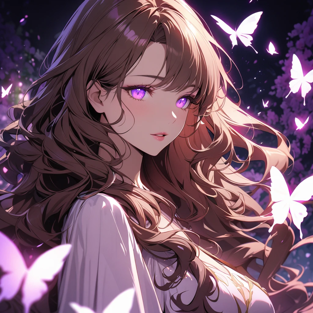girl, brown hair, wavy hair, long hair, glowing purple eyes, mature, gorgeous, beautiful background, super detail, beautiful color, glowing butterfly, angel,