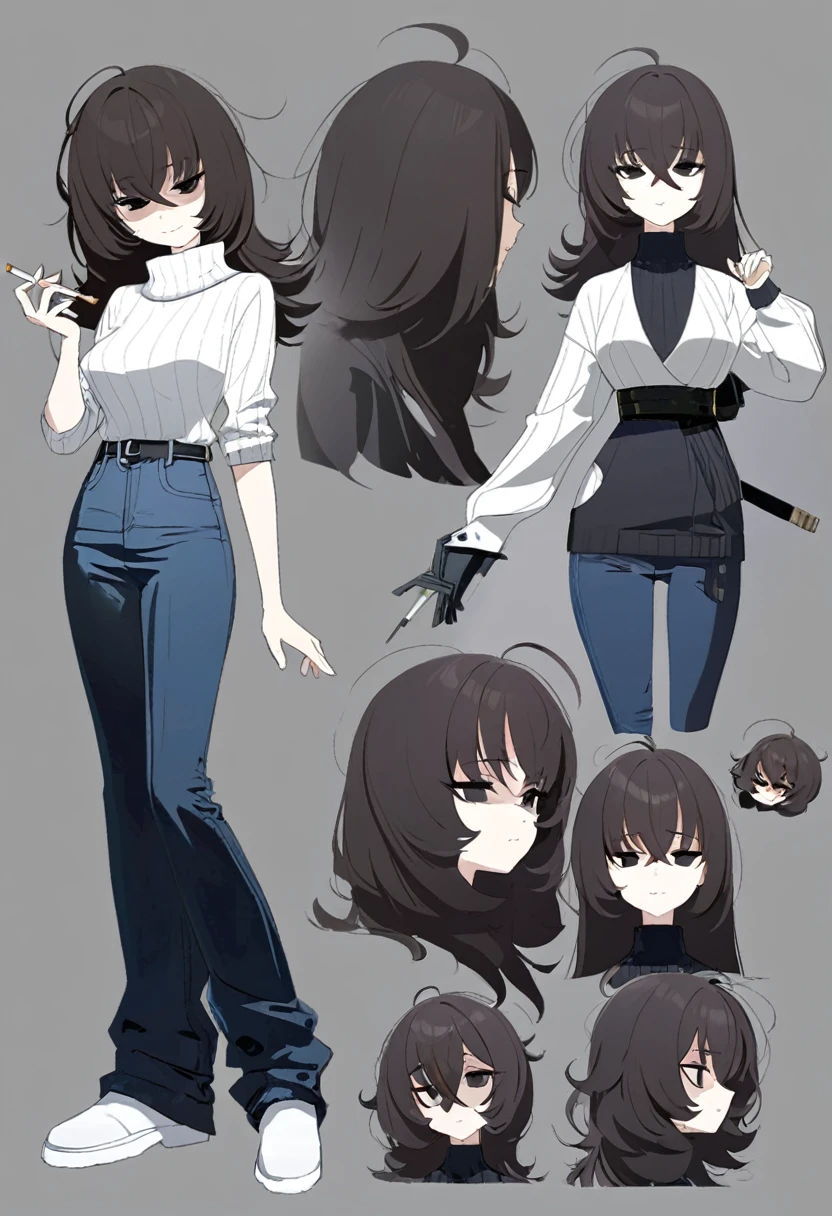 One Woman,Downer,older sister,Concept Art,Dark brown hair,Straight hair with slight inward curls,Staring eyes,Eye Ridge,black eye,Crossed bangs,whole body,smile,Slightly larger breasts,Gray background,Bangs that reach down to the eyes,Messy hair,Tight dark jeans,Black and white turtleneck sweater,Multiple views of the same character,Character Design,Dark circles under the eyes,Bad look,Listless,Sloppy,accessories,Cafe staff,Holding a cigarette,whole bodyCharacter Design,Detailed hands,Height: 170cm,boots,