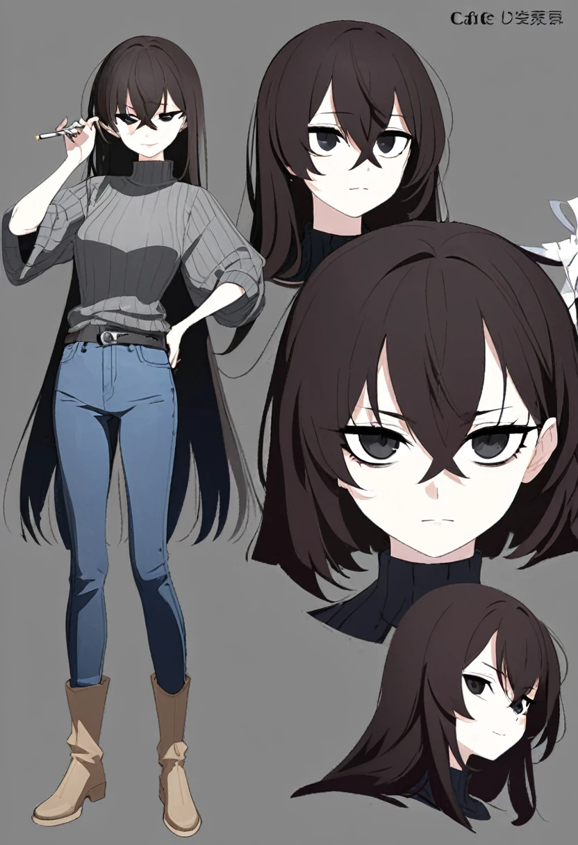 One Woman,Downer,older sister,Concept Art,Dark brown hair,Straight hair with slight inward curls,Staring eyes,Eye Ridge,black eye,Crossed bangs,whole body,smile,Slightly larger breasts,Gray background,Bangs that reach down to the eyes,Messy hair,Tight dark jeans,Black and white turtleneck sweater,Multiple views of the same character,Character Design,Dark circles under the eyes,Bad look,Listless,Sloppy,accessories,Cafe staff,Holding a cigarette,whole bodyCharacter Design,Detailed hands,Height: 170cm,boots,