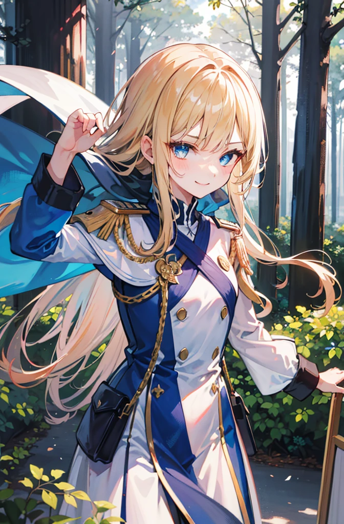 (Standing painting: 1.2) + (1girl:1.5)+ golden hair + princess cut + white knight uniform + detailed eyes and nose + deep blue eyes + white battle uniform + domineering, masterpiece, best quality,evil smile,holy,((forest background)),adult,