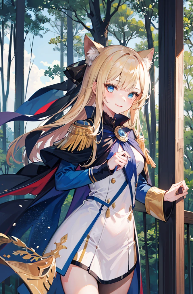 (Standing painting: 1.2) + (1girl:1.5)+ golden hair + princess cut + white knight uniform + detailed eyes and nose + deep blue eyes +  white battle uniform + domineering, masterpiece, best quality,evil smile,holy,((forest background)),adult,