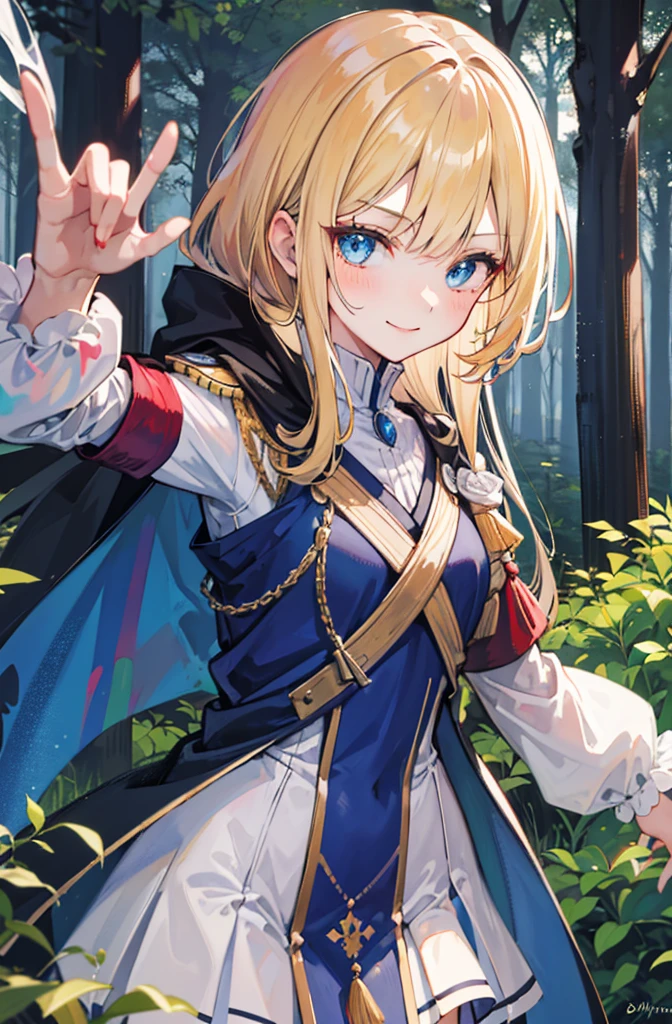 (Standing painting: 1.2) + (1girl:1.5)+ golden hair + princess cut + white knight uniform + detailed eyes and nose + deep blue eyes +  white battle uniform + domineering, masterpiece, best quality,evil smile,holy,((forest background)),adult,