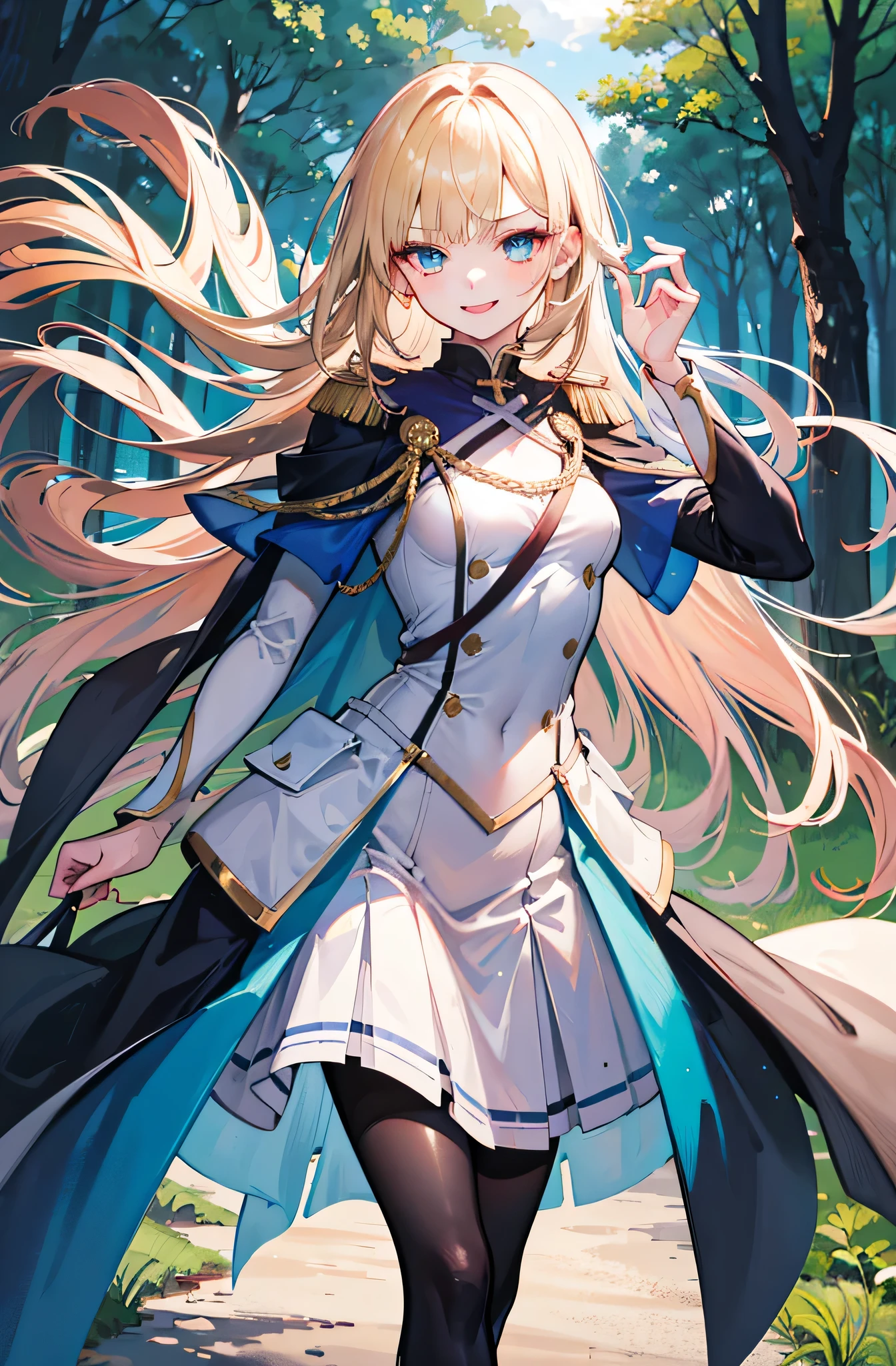 (Standing painting: 1.2) + (1girl:1.5)+ golden hair + princess cut + white knight uniform + detailed eyes and nose + deep blue eyes +  white battle uniform + domineering, masterpiece, best quality,evil smile,holy,((forest background)),adult,