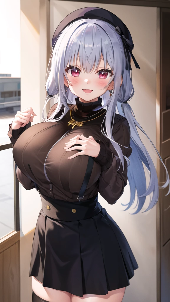 masterpiece, Highest quality, High resolution, Black knee socks, Suspender skirt, jewelry, necklace, Long sleeve, beret, Turtleneck sweater, Black sweater, Cowboy Shot, smile, Open your mouth, masterpiece, Highest quality, High resolution, huge breasts，Titty fuck，Hakase Fuyuki，Virtual YouTuber，Vtuber，nsfw，bare breasts，penis，paizuri，breast squeeze，Hakase Fuyuyuki，1boy，blush，blush，Big Tits