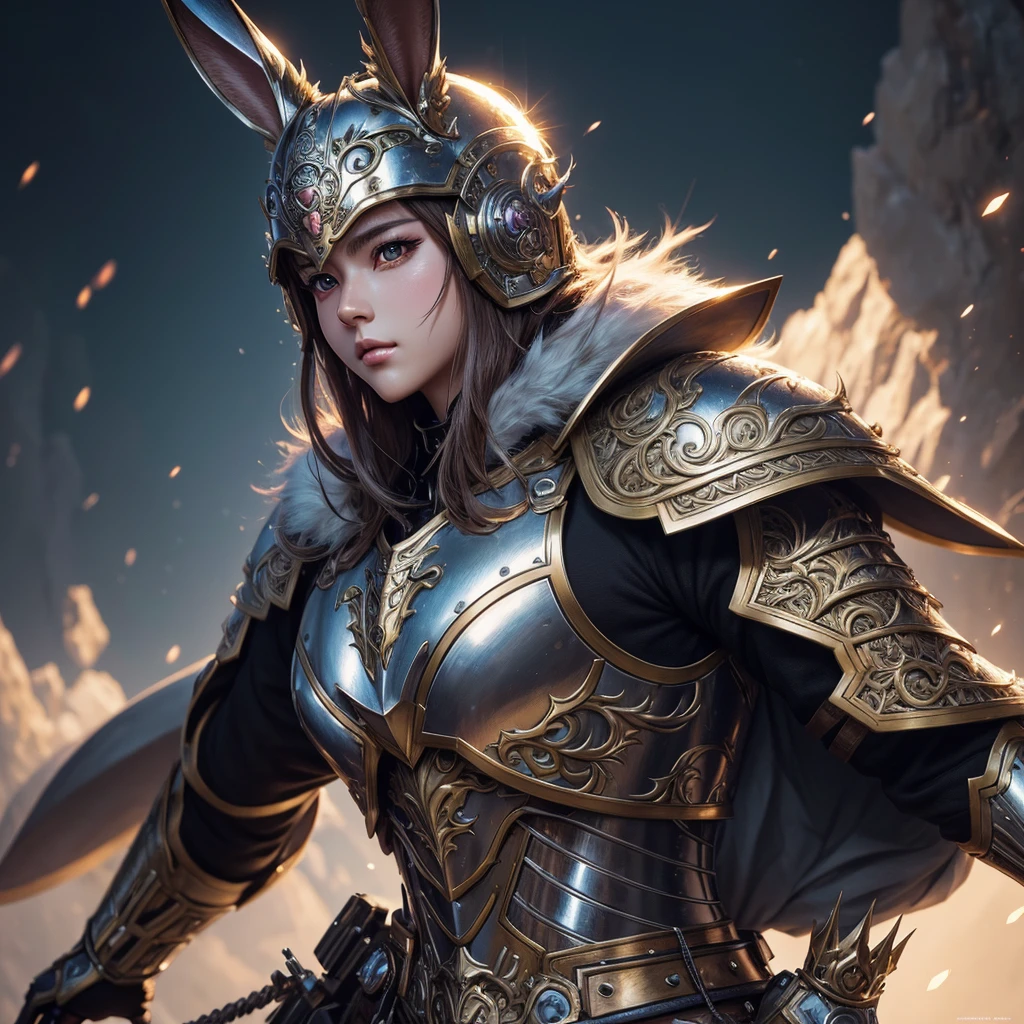 a cute rabbit wearing shiny metal armor, manga style, detailed facial features, fluffy fur, dynamic pose, dramatic lighting, vibrant colors, digital painting, cinematic composition, award winning, intricate details, highly detailed, masterpiece