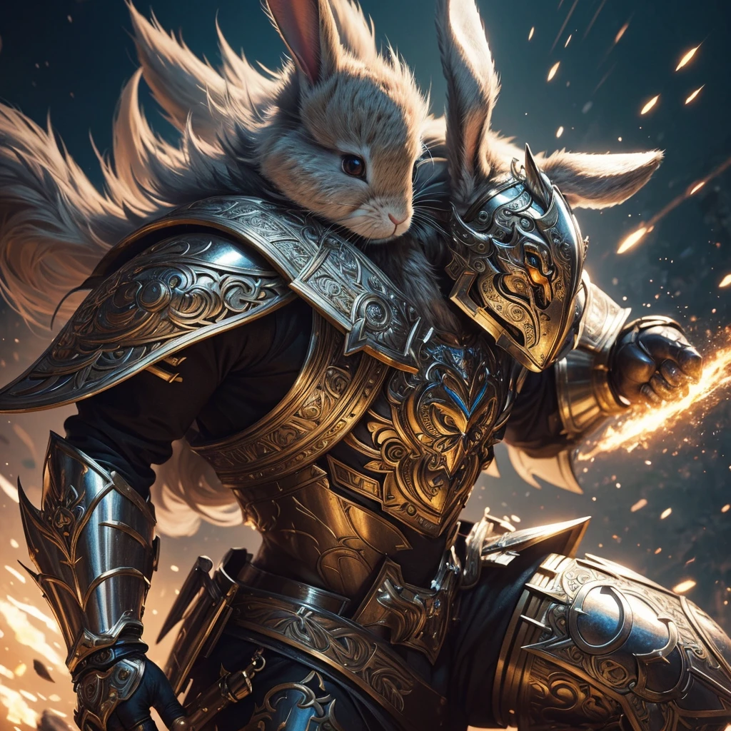 a cute rabbit wearing shiny metal armor, manga style, detailed facial features, fluffy fur, dynamic pose, dramatic lighting, vibrant colors, digital painting, cinematic composition, award winning, intricate details, highly detailed, masterpiece