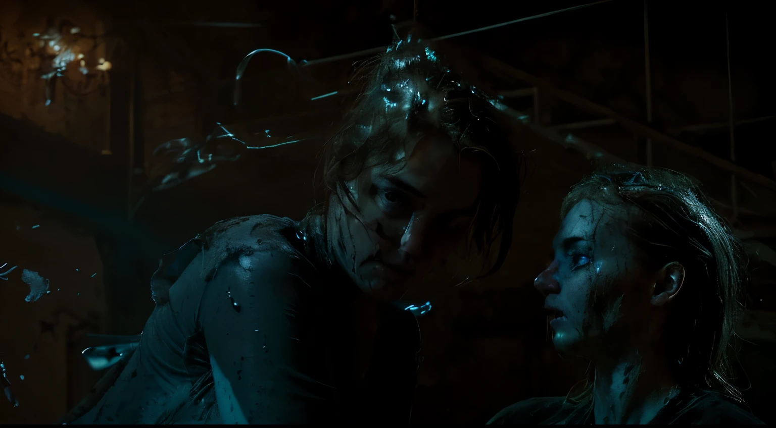 Kate Winslet in torn up ruined clothes hiding in creepy Blue lighting Night abandoned background of baroque hall, baroque background, muddy ground, nighttime, clear white skin, wet and muddy, scratches everywhere, face dirty photography, natural light, photorealism, cinematic rendering, ray tracing, the highest quality, the highest detail, Cinematic, Third-Person View, Blur Effect, Long Exposure, 8K, Ultra-HD, Natural Lighting, Moody Lighting, Cinematic Lighting Hide