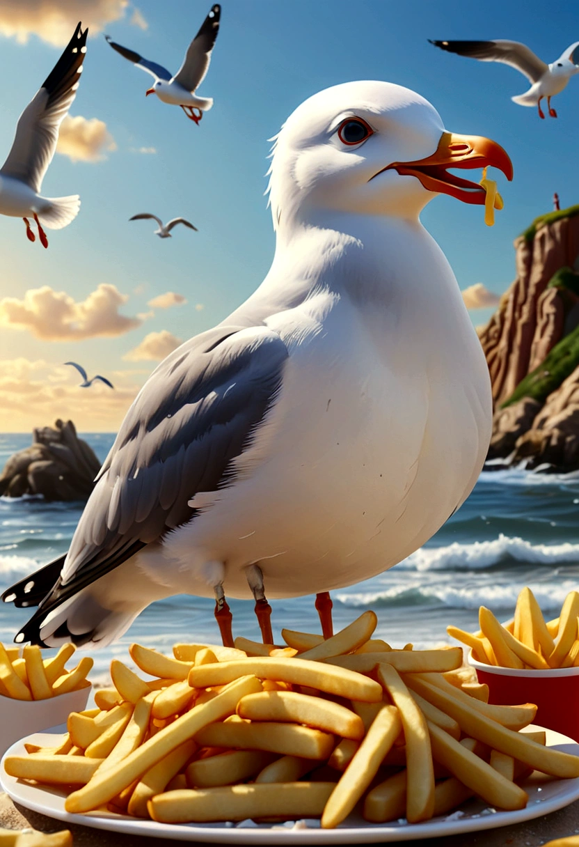 detailed digital art, whimsical illustration, beautiful seaside, seagull eating french fries, enjoying vacation, relaxing, (best quality,4k,8k,highres,masterpiece:1.2),ultra-detailed,(realistic,photorealistic,photo-realistic:1.37),vibrant colors, soft lighting, dynamic composition, detailed textures, intricate details, serene atmosphere, playful mood, coastal landscape, sandy beach, crashing waves, cloudy sky, seagull character, casual dining, french fries, relaxed pose, happy expression