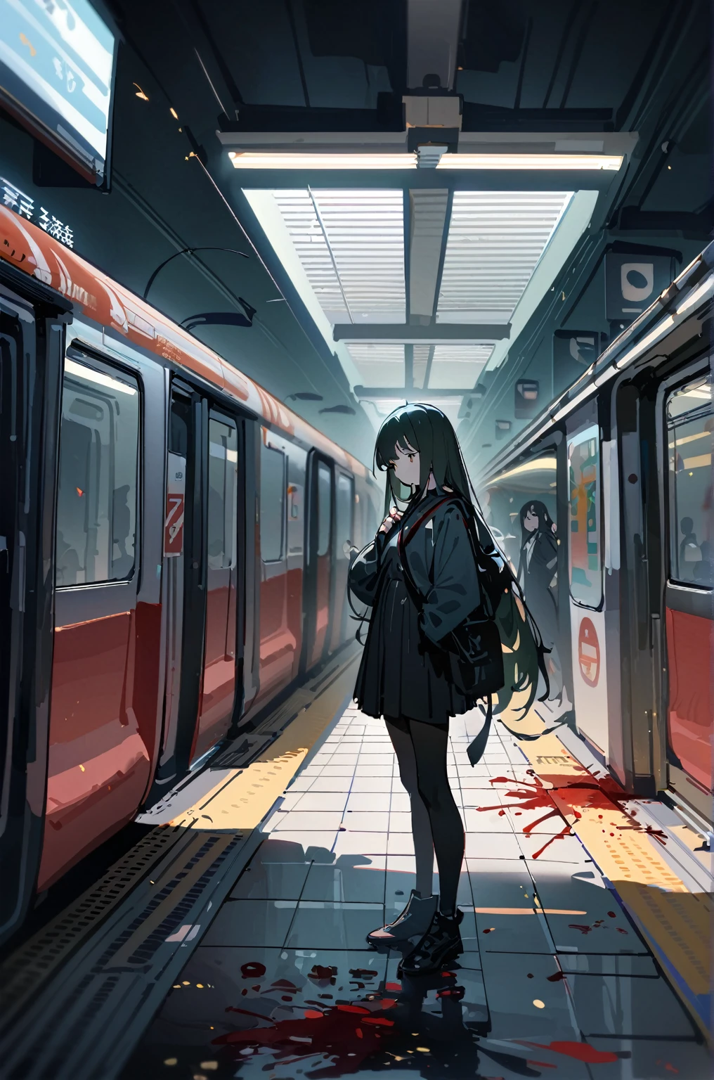masterpiece，woman,best quality, very beautiful, absurd, metro station，The subway whizzes by，一个成年woman背对镜头站在地铁月台上，Bloodstains scattered all over