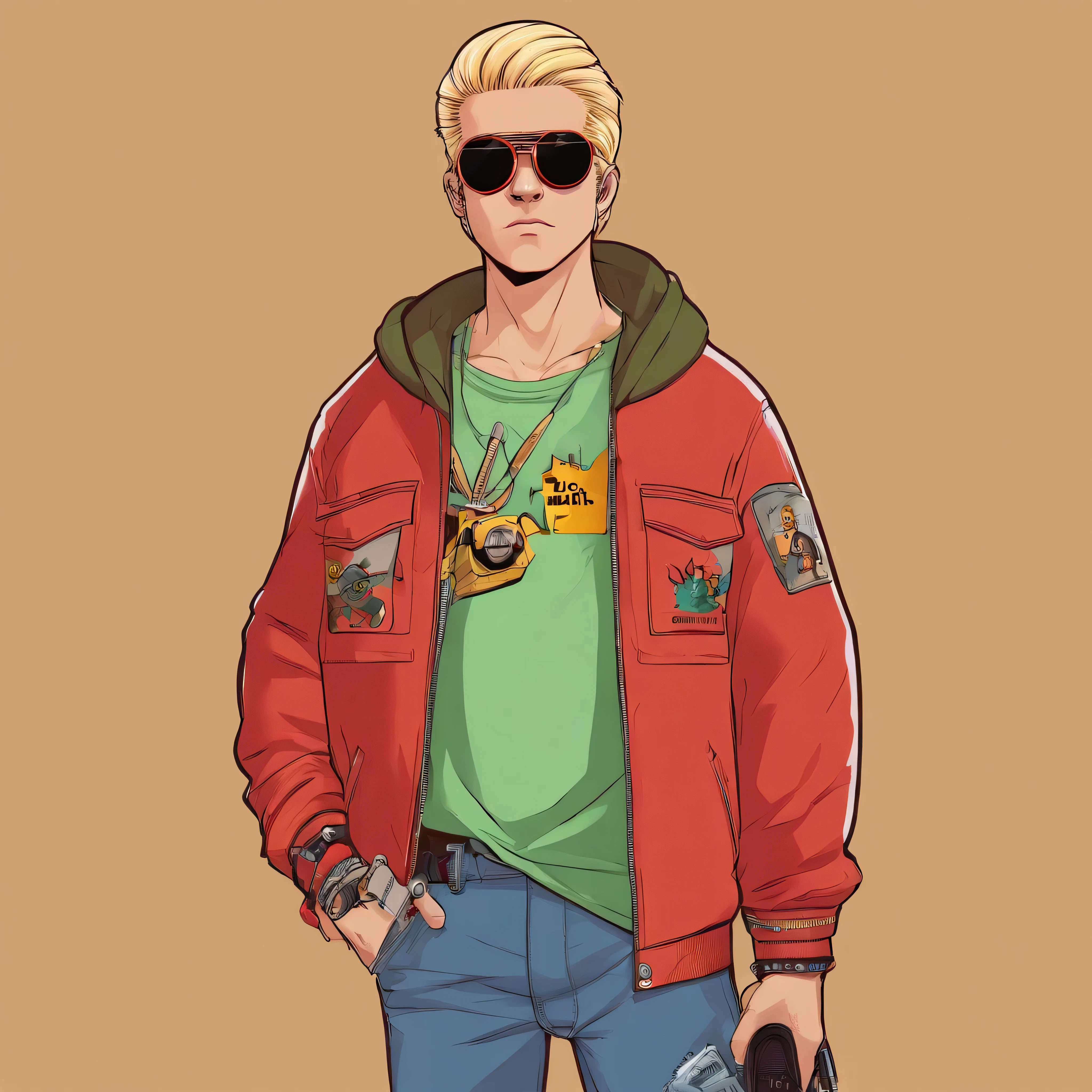 Character: A young person with blonde hair. He has a distinctive zigzag fringe.Accessories: He is wearing dark sunglasses that cover his eyes.Clothing: The character is dressed in a brown jacket with white sleeves. Underneath, he wears a light green shirt.Hands: He is wearing black fingerless gloves.Pants and Footwear: He is wearing blue jeans and white sneakers with red accents.Main Accessory: He is holding a red chainsaw with black details and a yellow circle in the center. The chainsaw is positioned in front of the character, giving the impression that he is ready to use it.