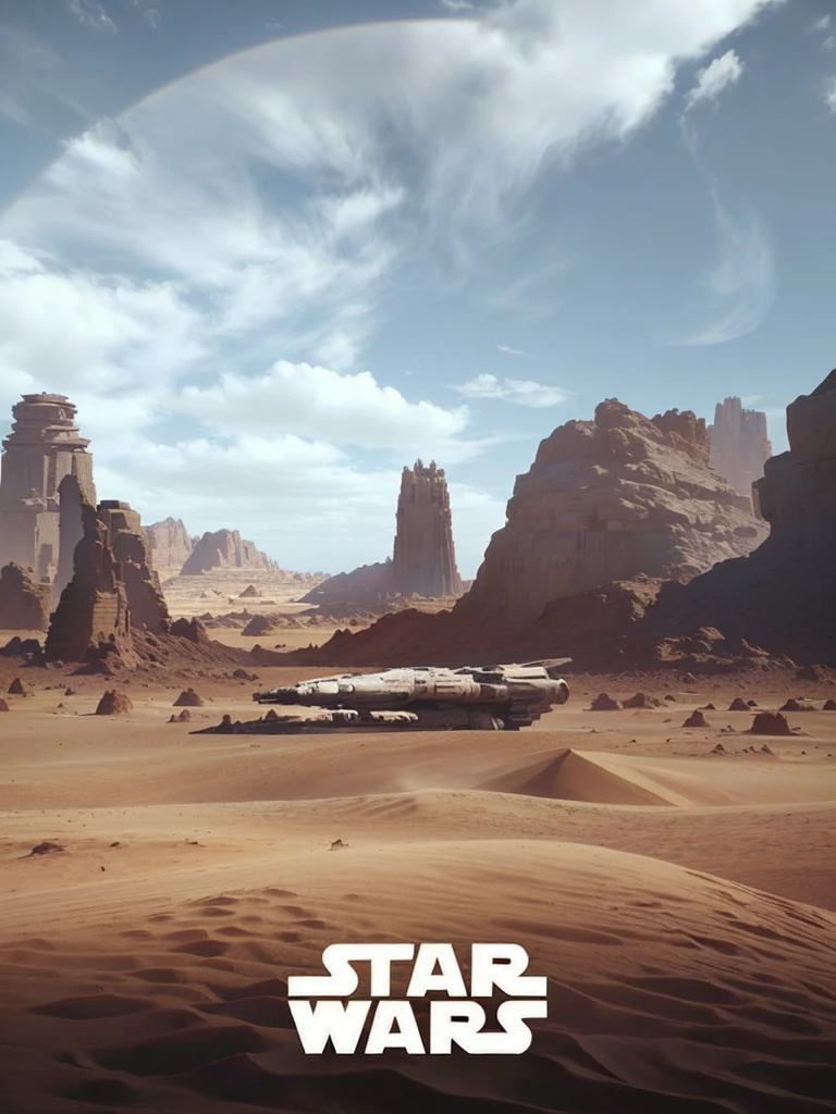star wars poster the force awakens, Star Wars setting, beeple e jean giraud, 3D rendering beep, Vibe futurista de Star Wars, atmosfera de star wars, Tatooine, in the artistic style of Filip Hodas, cinematic beep, highly detailed cinematic, nave espacial em um leito de rio seco, em um remoto planeta deserto