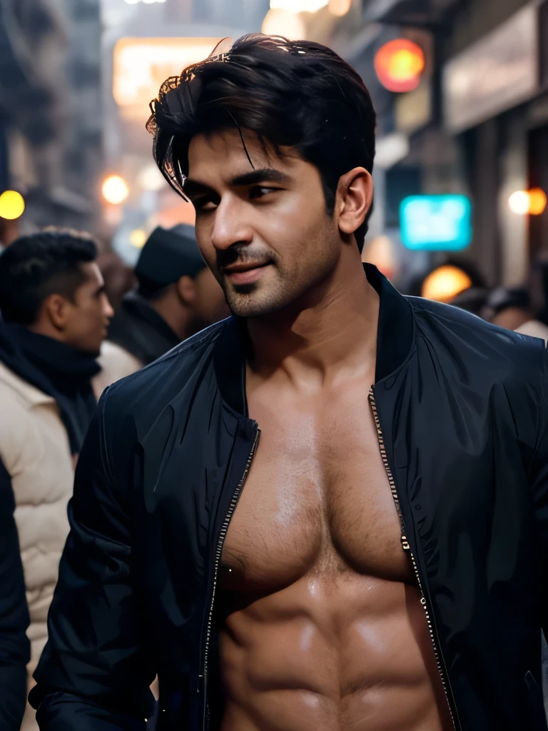 Hritik roshan goes shirtless in front of crowded people on a City Street.his nipple touched by the Guy. He gigles. He laugh. The wind blow the coat. He just wear the bomber Jacket with no Shirt inside. (winter) 