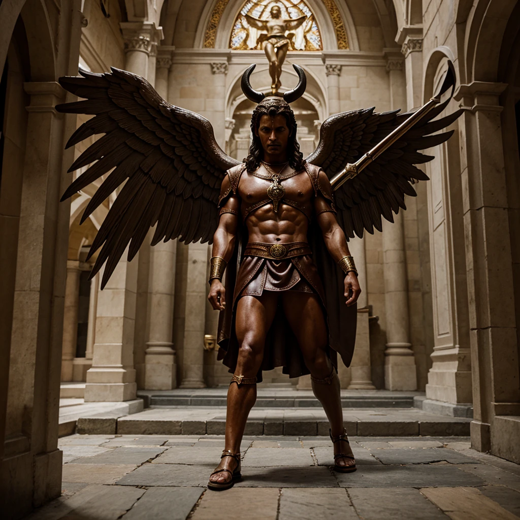 Cinematic image with rich details of Saint Michael the Archangel stepping on the devil's head