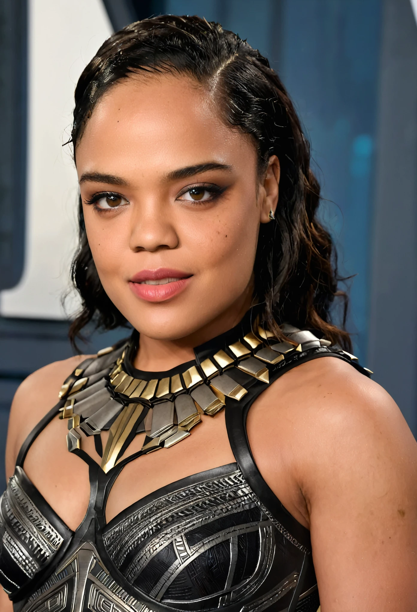 Extremely gorgeous woman Tessa Thompson AS A WAKANDAN WARRIOR, DETAILS, GOOD SKIN, highly detailed, skin pores, sharp focus, amazing details,