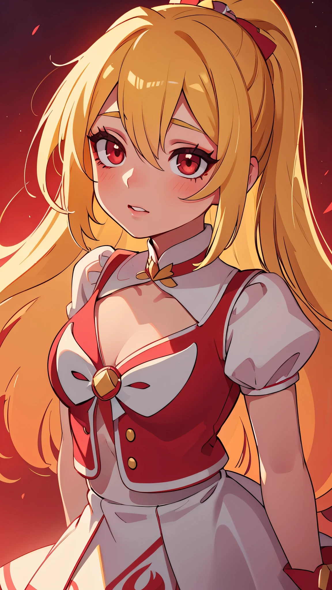 A beautiful pop idol girl with long blonde hair and red eyes, wearing a magical girl themed idol outfit in red and white, extremely detailed face and eyes, beautiful detailed lips, longeyelashes, masterpiece, 8k, HDR, high quality, fantasy, magical girl, pop idol, idol outfit, red and white, blonde hair, red eyes, detailed face, detailed eyes, detailed lips, long eyelashes, cinematic lighting, vivid colors, photorealistic