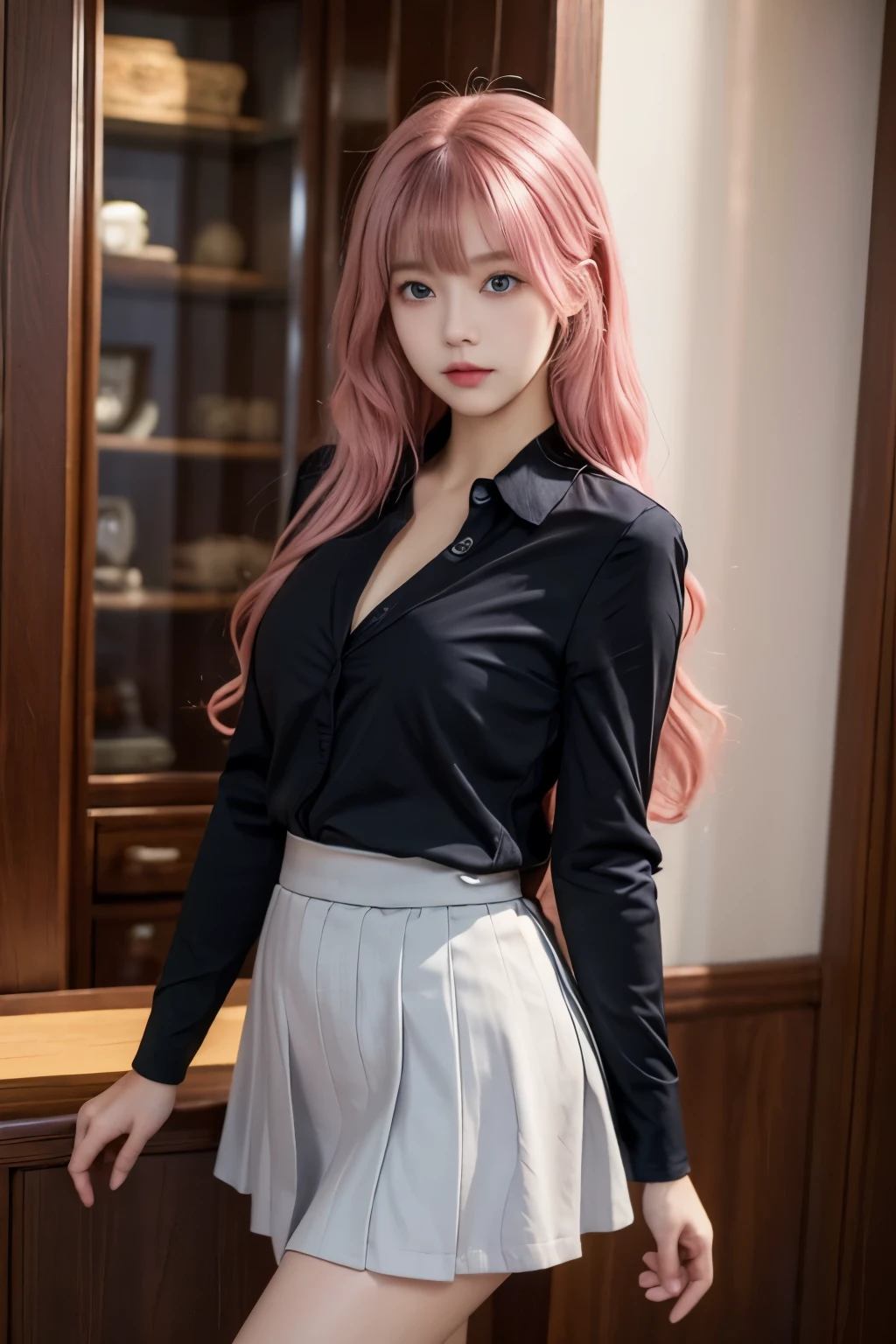 ((best quality)), ((masterpiece)), (detailed), 1 Girl, Sexy,Pink Hair,Long hair,Side-parted long bangs,,Blue Eyes,Wearing a grey suit,Hip skirt,Black long sleeve,Black long sleeve靴。