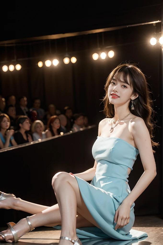 1girl,bangs,bare shoulders,necklace,strapless blue dress,detailed background,detailed eyes,brown hair,earrings,full body,jewelry,slim,flat chest,messy hair,looking at viewer,makeup,night scene,red lips,signature,laughing,solo,standing,slender legs,high heels,On the T-stage,catwalk,fashion show,Surrounded by crowded crowds on both sides of the stage,neon lights