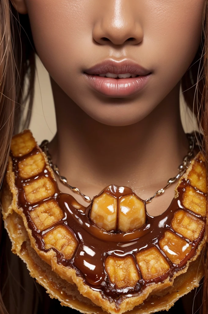A 4K glossy oil painting hyper-realistic image of the lips of an African-American woman with caramel skin eating a piece of honeycomb with a small bee on it. Unhas compridas e brilhantes pingando mel.