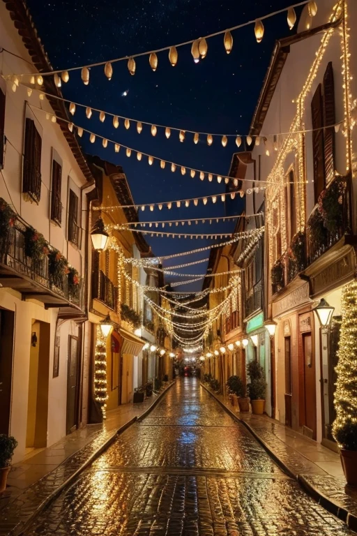  a street covered with grandiose lights and various decorations, flores,arcos bem extravagantes
