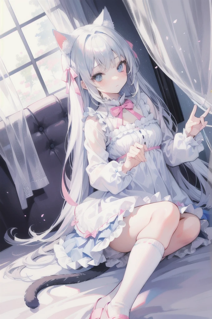 Gray Hair,Cat ear,Light blue eyes,light blue ta,White socks,Pink ribbon,Playing with a cat