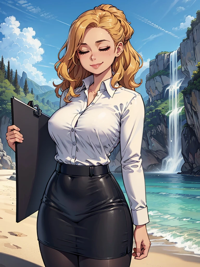 ((art by Kipteitei)), ((Masterpiece, best quality, perfect lighting, amazing shading)), (perfect anatomy, realistic proportions), field of depth, extremely beautiful, 1girl, (blond hair), long wavy hair, hair up, closed eyes, pencil skirt, dress shirt, black tights, cute smile, holding a clipboard to her chest, beach background with cliff and waterfall, detailed background, (cowboy shot),