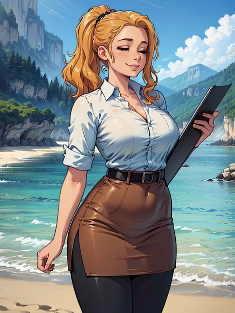 ((art by Kipteitei)), ((Masterpiece, best quality, perfect lighting, amazing shading)), (perfect anatomy, realistic proportions), field of depth, extremely beautiful, 1girl, (blond hair), long wavy hair, hair up, closed eyes, pencil skirt, dress shirt, black tights, cute smile, holding a clipboard to her chest, beach background with cliff and waterfall, detailed background, (cowboy shot),