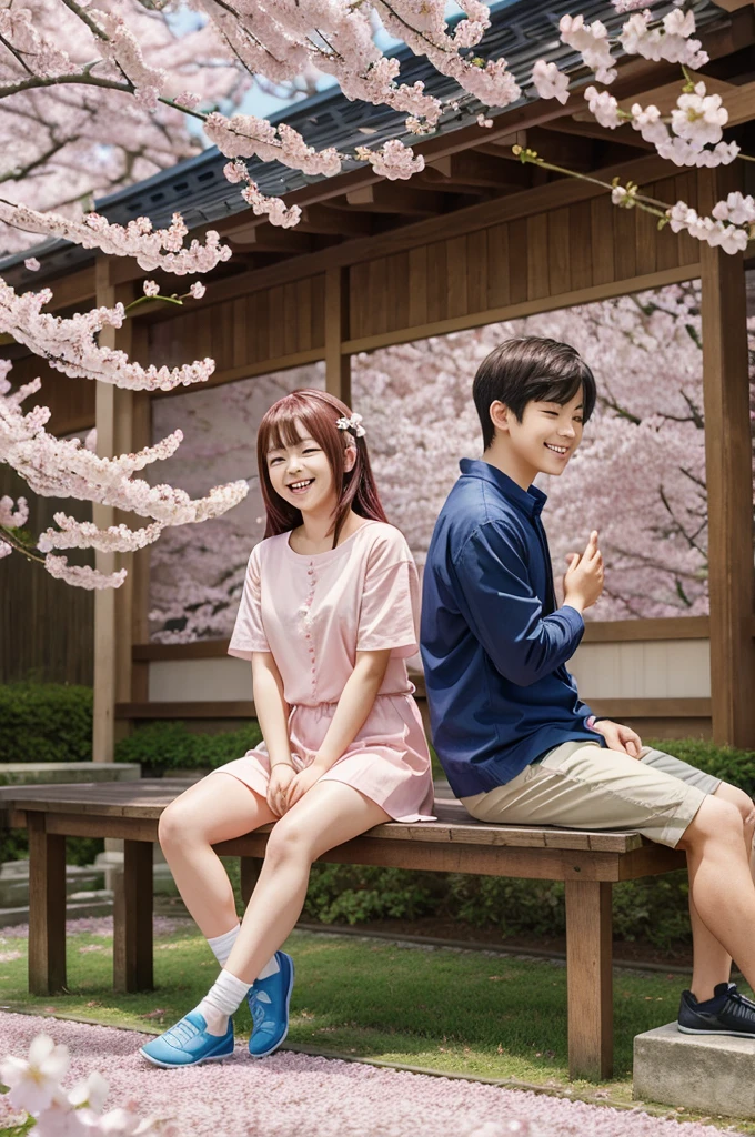 Create a realistic anime wallpaper featuring a very happy boy and girl sitting backwards in peace in a cherry blossom garden. The scene should be bright and colorful, evoking a sense of happiness and serenity. The focus should be on the interaction between the boy and girl, capturing a moment of joy and tranquility