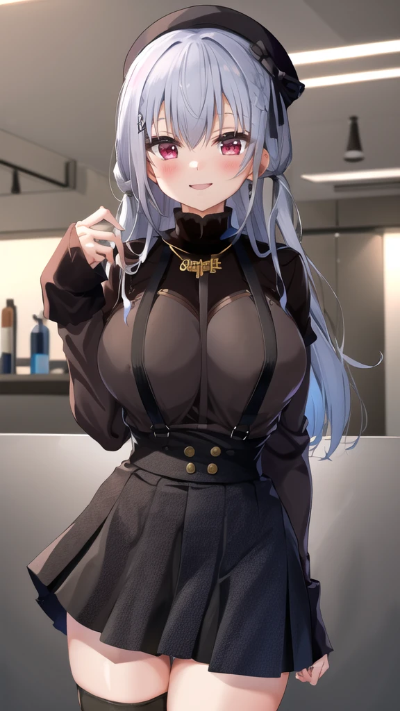 masterpiece, Highest quality, High resolution, Black knee socks, Suspender skirt, jewelry, necklace, Long sleeve, beret, Turtleneck sweater, Black sweater, Cowboy Shot, smile, masterpiece, Highest quality, High resolution, huge breasts,Titty fuck,Hakase Fuyuki,Virtual YouTuber,Vtuber,nsfw,bare breasts,penis,paizuri,breast squeeze,Hakase Fuyuyuki,1boy,blush,blush,Big Tits