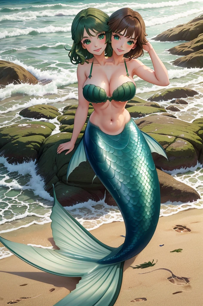 masterpiece, best quality:1.2), 1girl, smile, looking at viewer, green eyes, short brown hair, green hair, blue eyes, heterochromia. mermaid, mermaid girl, wearing green seashell bra, sitting on beach, green mermaid tail, outdoors, big breasts, conjoined, (two heads: 1,5)