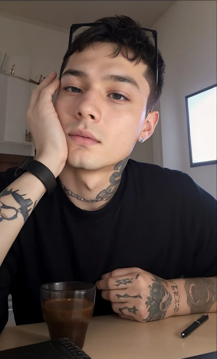 A boy of approximately 28 years old, cabello rojo, ojos grises, and completely pale skin.