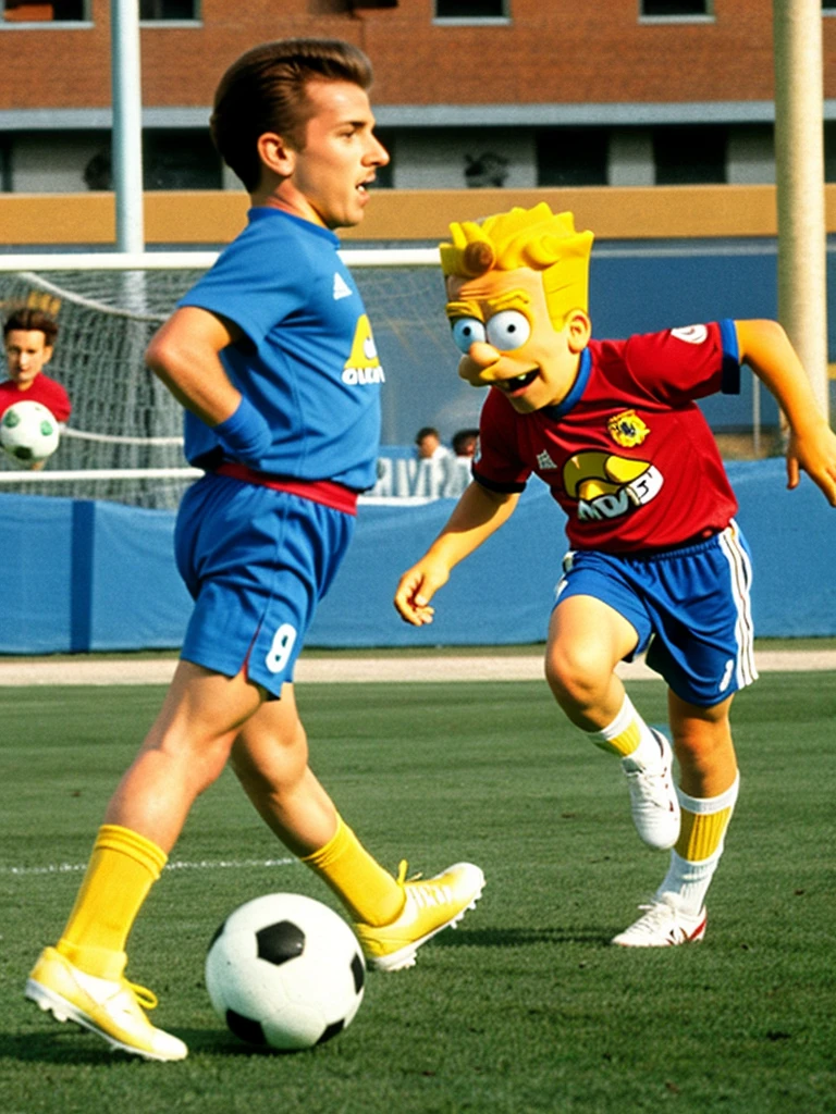 Bart Simpson playing soccer with Mario Bros