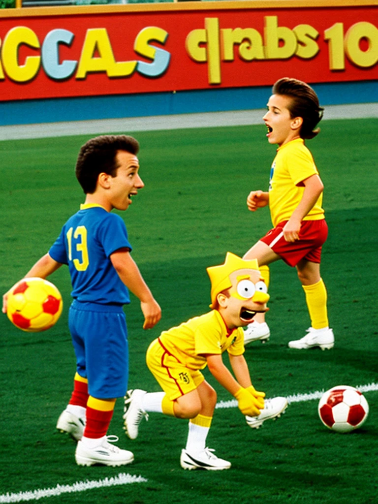 Bart Simpson playing soccer with Mario Bros