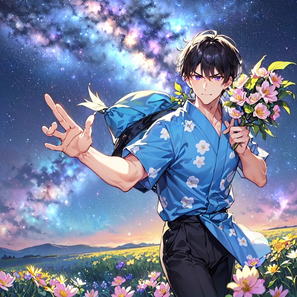 masterpiece,best quality,high quality,(1 male austere handsome solo adult age 30 years:1.5), purple eyes, cool with suspended eyes, V-shaped eyebrows, body strong and fearless 8.5 head tall, height 185 cm, (well-groomed black short hair to neck: 1.4), (bangs 7 thirds parted: 1.4), slender nose, facial muscles, throat, (trousers with yukata short sleeved southern star print: 1.3), (running), (stylish pose), (scowling smile: 1.3), (dynamic pose), (background Milky Way and southern star flower field: 1.5), (upper body:1.3)