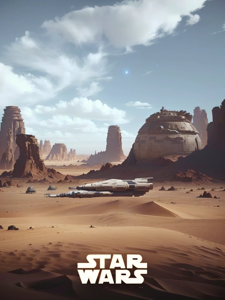 star wars poster the force awakens, Star Wars setting, beeple e jean giraud, 3D rendering beep, Vibe futurista de Star Wars, atmosfera de star wars, Tatooine, in the artistic style of Filip Hodas, cinematic beep, highly detailed cinematic, nave espacial em um leito de rio seco, em um remoto planeta deserto