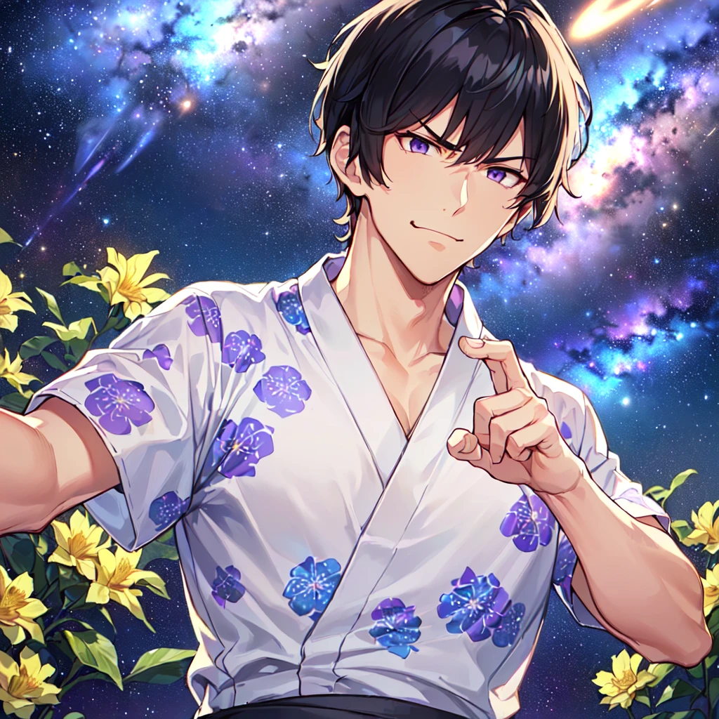 masterpiece,best quality,high quality,(1 male austere handsome solo adult age 30 years:1.5), purple eyes, cool with suspended eyes, V-shaped eyebrows, body strong and fearless 8.5 head tall, height 185 cm, (well-groomed black short hair to neck: 1.4), (bangs 7 thirds parted: 1.4), slender nose, facial muscles, throat, (trousers with yukata short sleeved southern star print: 1.3), (running), (stylish pose), (scowling smile: 1.3), (dynamic pose), (background Milky Way and southern star flower field: 1.5), (upper body:1.3)