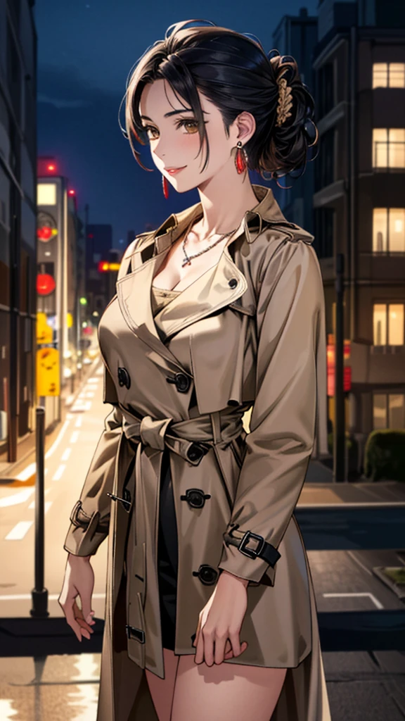 (masterpiece:1.3, Highest quality, Ultra-high resolution, Super detailed), (Realistic, photoRealistic:1.4), Beautiful illustrations, Perfect lighting, colorful, Depth of written boundary,
Beautiful detailed hair, Beautifully detailed face, Beautiful fine details, Beautiful clavicle, Beautiful body, 美しいLarge Breasts, Beautiful thighs, Beautiful feet, Beautiful fingers,
(Open Court、Beige trench coat:1.4), ((blouse、Black long skirt 1.4))、
View Viewer、Front view:0.8, Beauty1人, Japanese, Beauty、30 years old, Perfect Face, (Perfect Anatomy, Anatomically correct), Cute and symmetrical face, Baby Face, , Shiny skin,
(Black Hair, Updo Hair:1.4), Dark brown eyes, Large Breasts, Slim body,
necklace, (Small earrings:1.3),
(Beautiful views), (night), (city, cityscape in the distance), Are standing, A soft smile、(Smile, Lips parted),