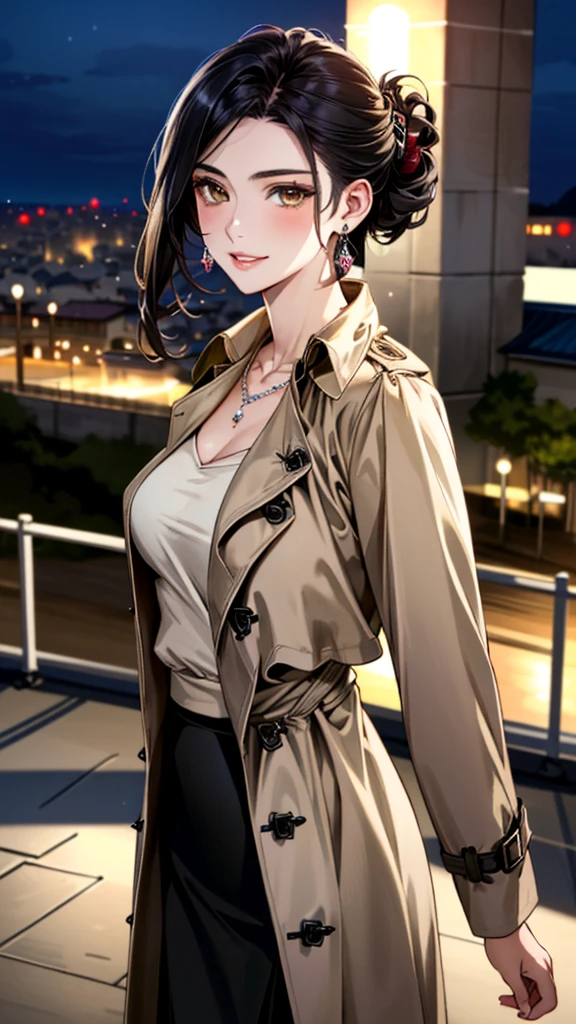 (masterpiece:1.3, Highest quality, Ultra-high resolution, Super detailed), (Realistic, photoRealistic:1.4), Beautiful illustrations, Perfect lighting, colorful, Depth of written boundary,
Beautiful detailed hair, Beautifully detailed face, Beautiful fine details, Beautiful clavicle, Beautiful body, 美しいLarge Breasts, Beautiful thighs, Beautiful feet, Beautiful fingers,
(Open Court、Beige trench coat:1.4), ((blouse、Black long skirt 1.4))、
View Viewer、Front view:0.8, Beauty1人, Japanese, Beauty、30 years old, Perfect Face, (Perfect Anatomy, Anatomically correct), Cute and symmetrical face, Baby Face, , Shiny skin,
(Black Hair, Updo Hair:1.4), Dark brown eyes, Large Breasts, Slim body,
necklace, (Small earrings:1.3),
(Beautiful views), (night), (city, cityscape in the distance), Are standing, A soft smile、(Smile, Lips parted),