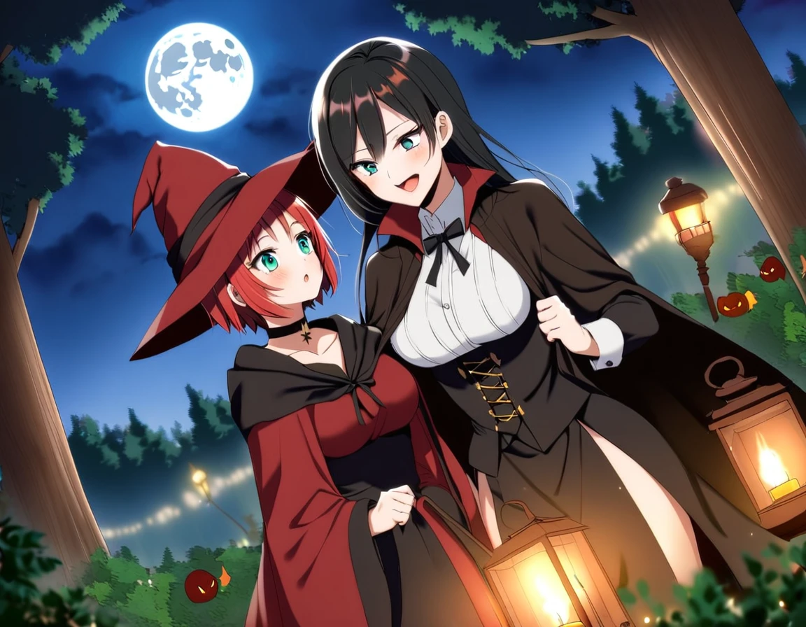 A Red haired witch girl with teal eyes and a black haired vampire gir with crimson eyesl in a forest under a full moon, both mature